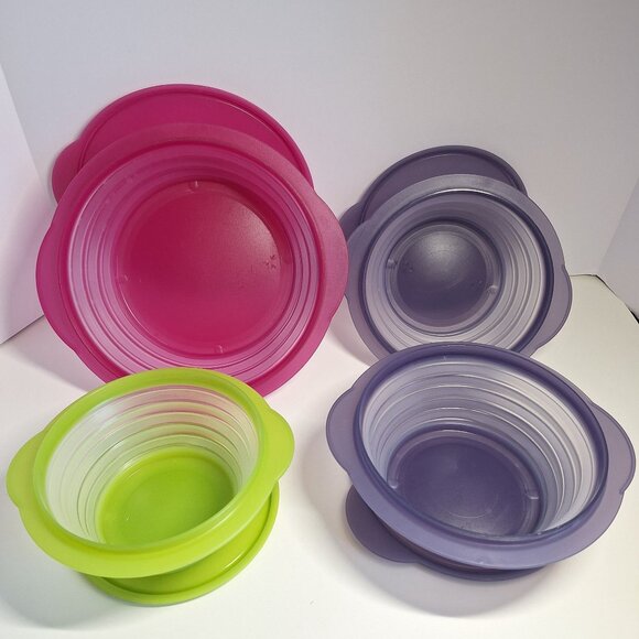 4 Collapsible Tupperware Flat Outs Lot 8 1/4 cup Pink 4c Purple 3c Green Exclnt - Picture 2 of 7
